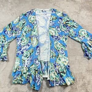 Chico's Floral Peplum Hem Open Cardigan Size 1 (US 8) Linen Blend Flare‎ Sleeves